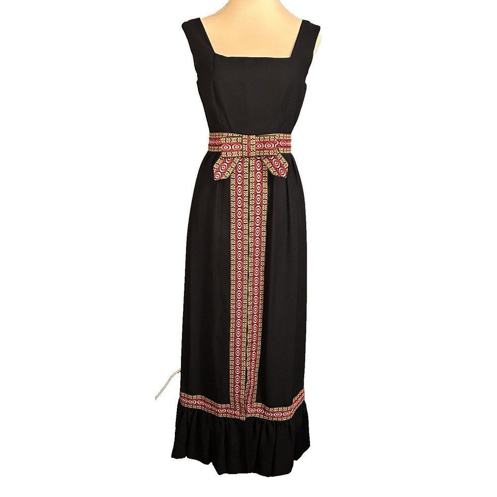Vintage 70s Union Made Black Sleeveless Maxi Dress Embroidered Trim Classic